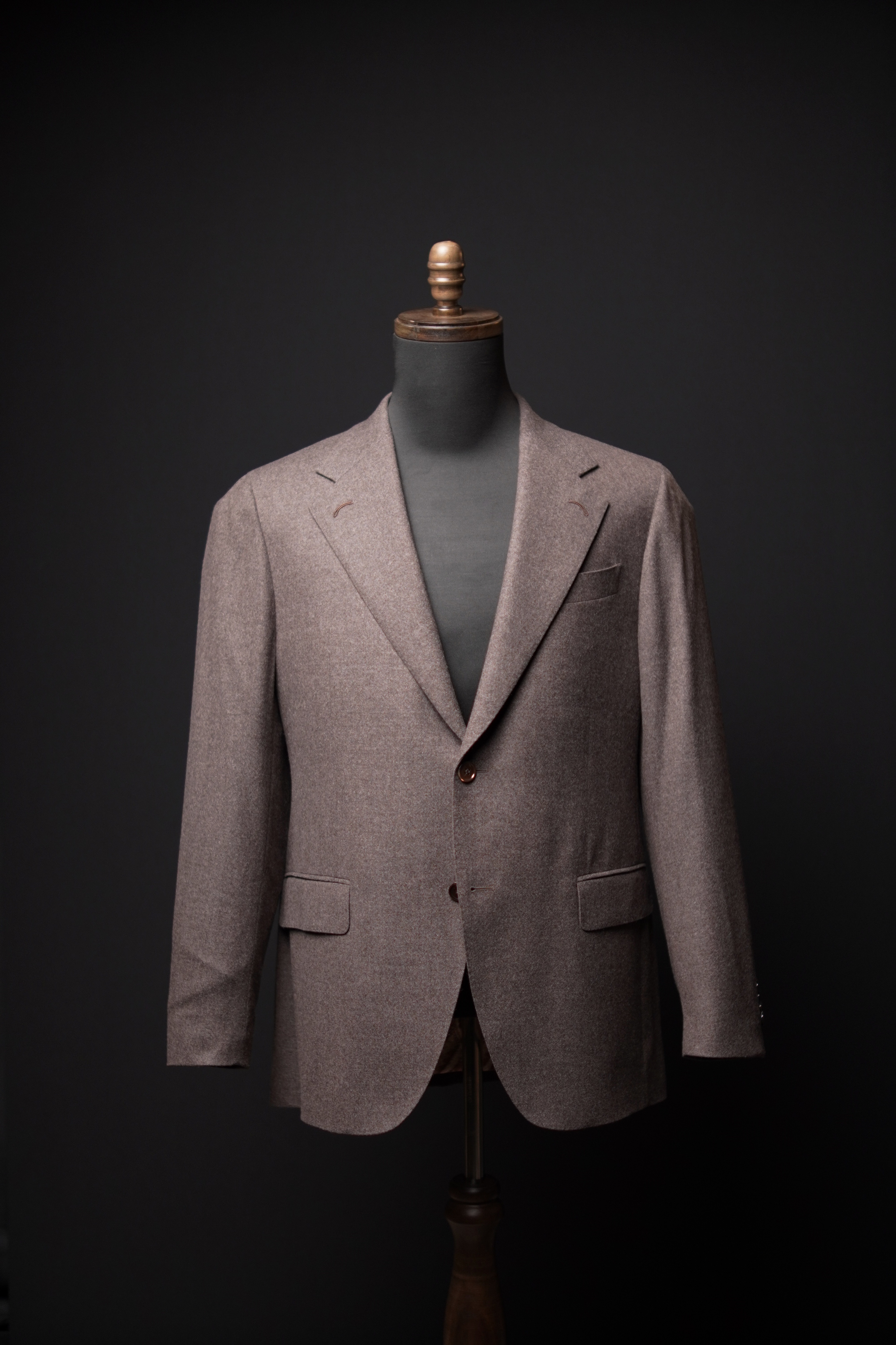 Oatmeal/taupe flannel · single-breasted · two-button · notch lapel